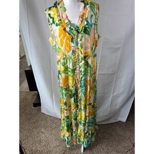 True Destination Tropical Print Maxi Dress Sleeveless‎ Ruffle Trim